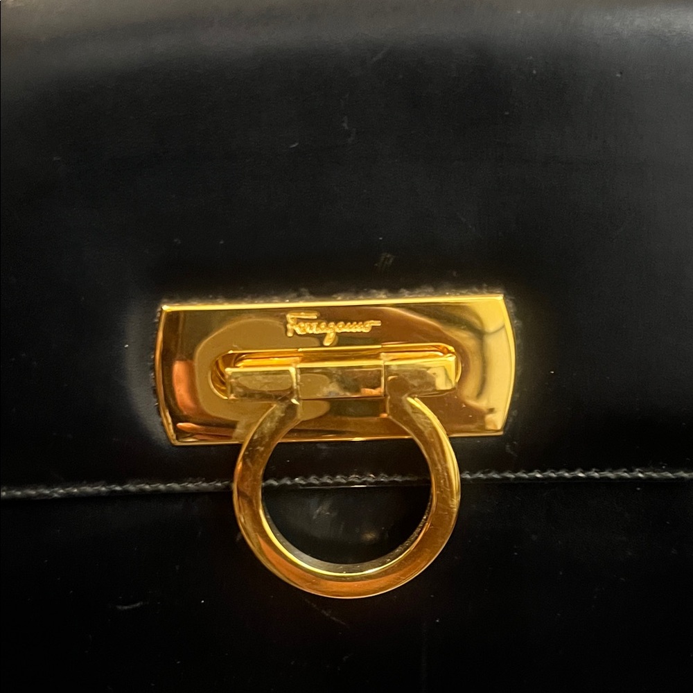 SOLD-SOLD Salvatore Ferragamo Elegant Navy blue Handbag with Gold Accents - Picture 4 of 10